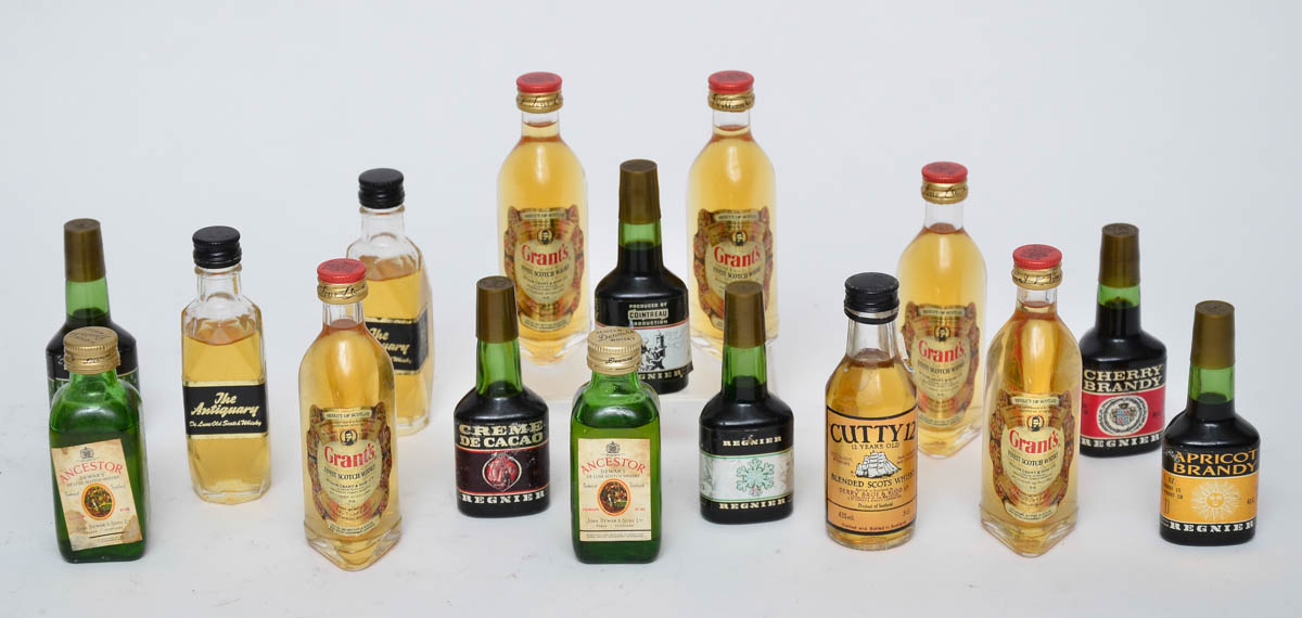 Dezesseis garrafas miniaturas de bebidas diversas.