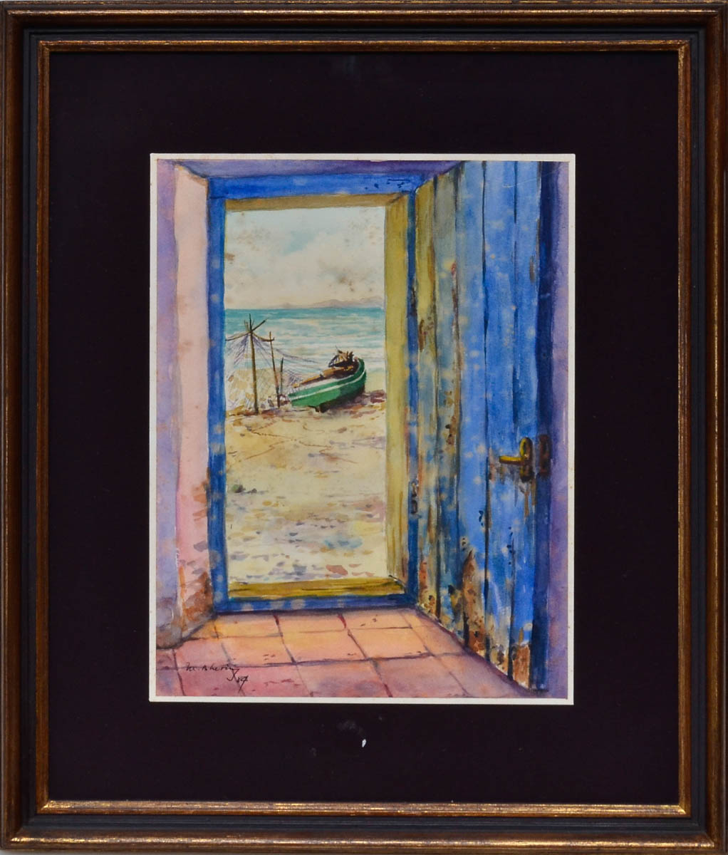 ASSINATURA NAO IDENTIFICADA - Porta e barcos - aquarela - 30 x 22.