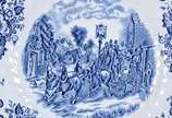 Conjunto de faiança inglesa "Johnson Bros" deco... - Conjunto de faiança inglesa "Johnson Bros" decorado com cenas de carruagens em azul e branco, composto de: 6 pratos rasos e 6 pratos fundos. Tot...