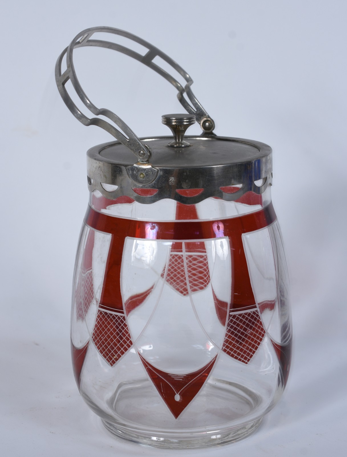Bomboniere de vidro com detalhes em vermelho, Art Deco, alça e tampa... - foto 2 de 8