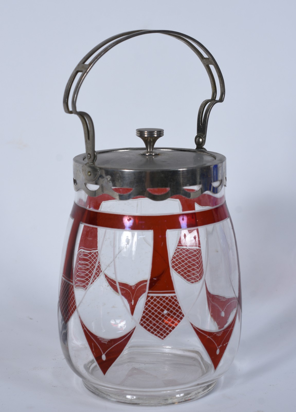 Bomboniere de vidro com detalhes em vermelho, Art Deco, alça e tampa... - foto 4 de 8