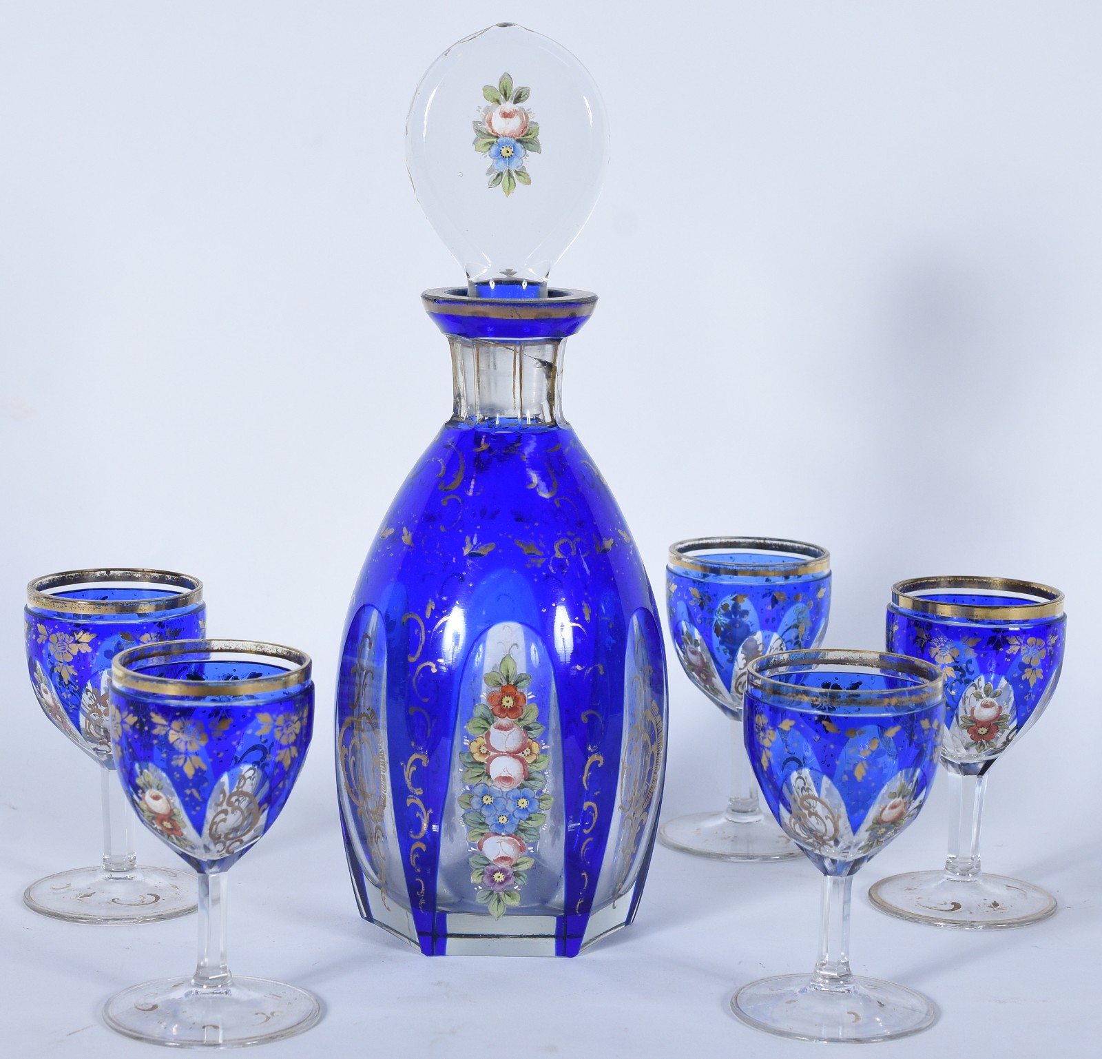 Licoreira com 5 cálices de cristal facetado doublé azul com pequenas... - foto 2 de 10