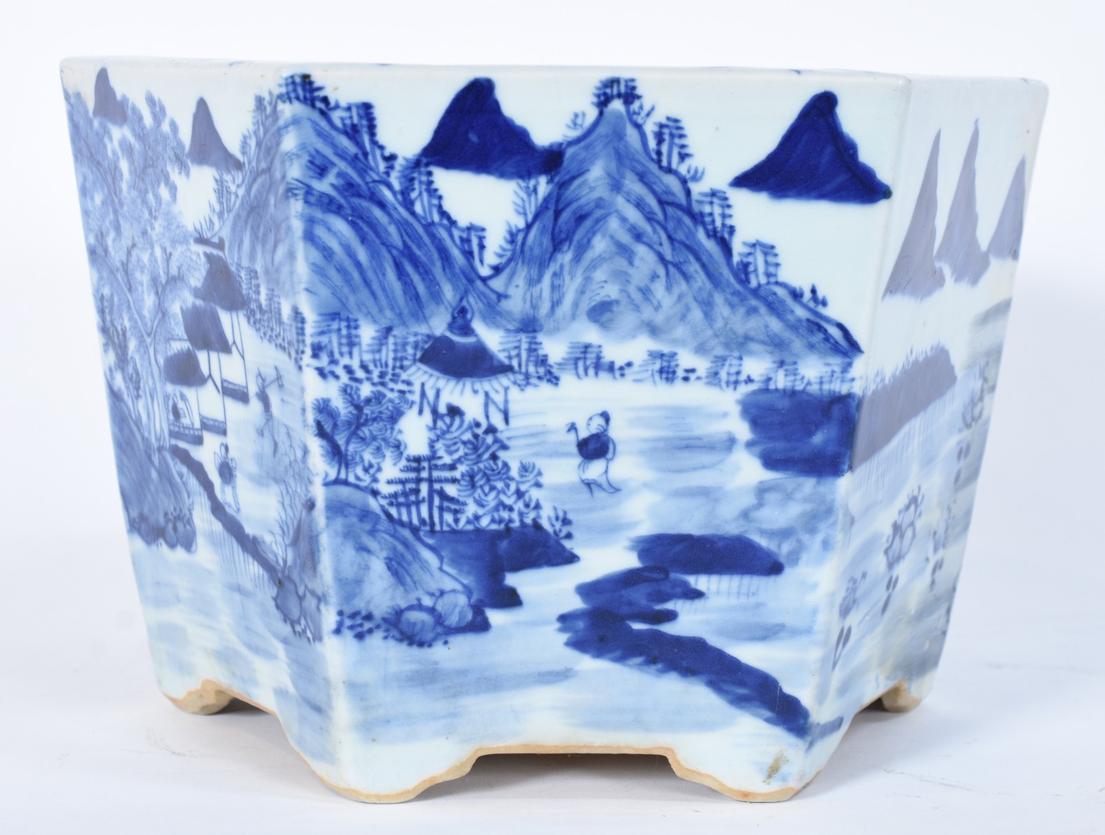 Cachepot de porcelana oriental decorado com paisagem em azul e... - foto 1 de 8