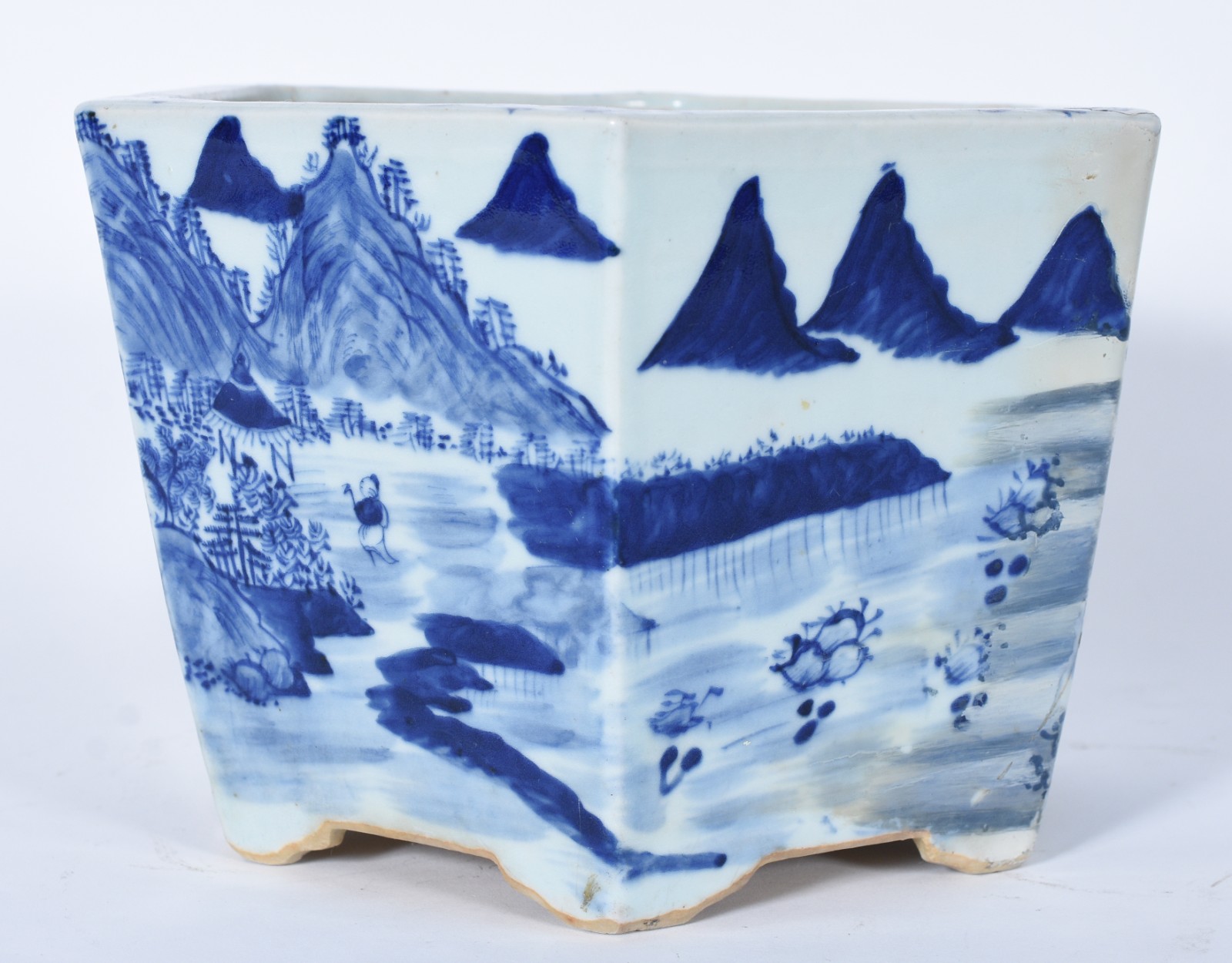 Cachepot de porcelana oriental decorado com paisagem em azul e... - foto 2 de 8