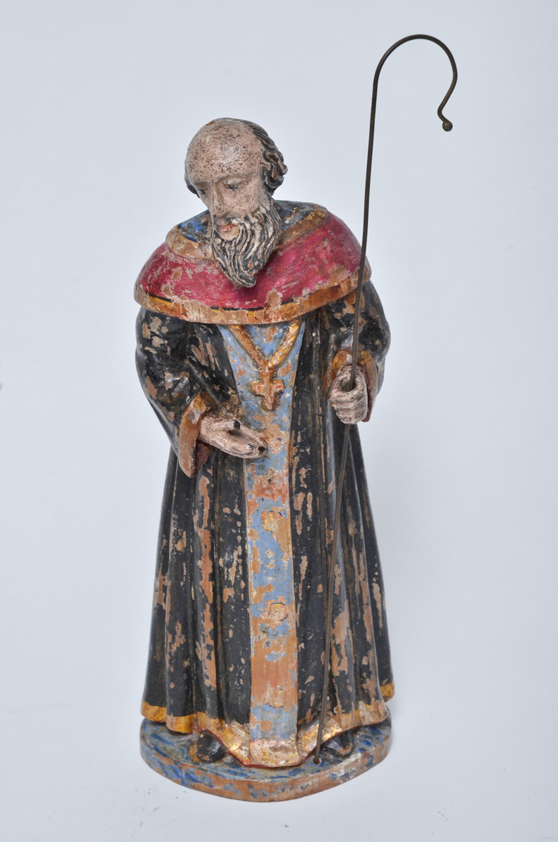 SÃO CRISÓSTOMO - Antiga imagem de madeira policromada e cajado de...