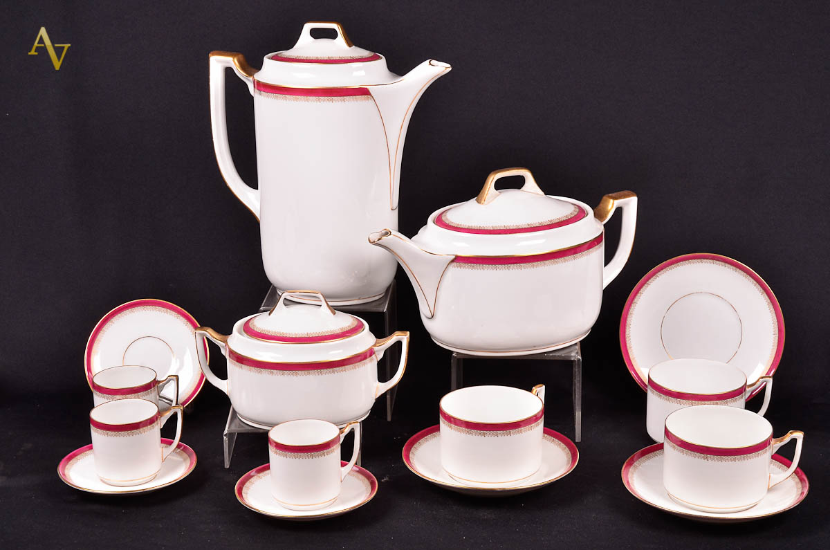 Serviço de chá e café de porcelana tcheca, com frisos na cor rosa e...