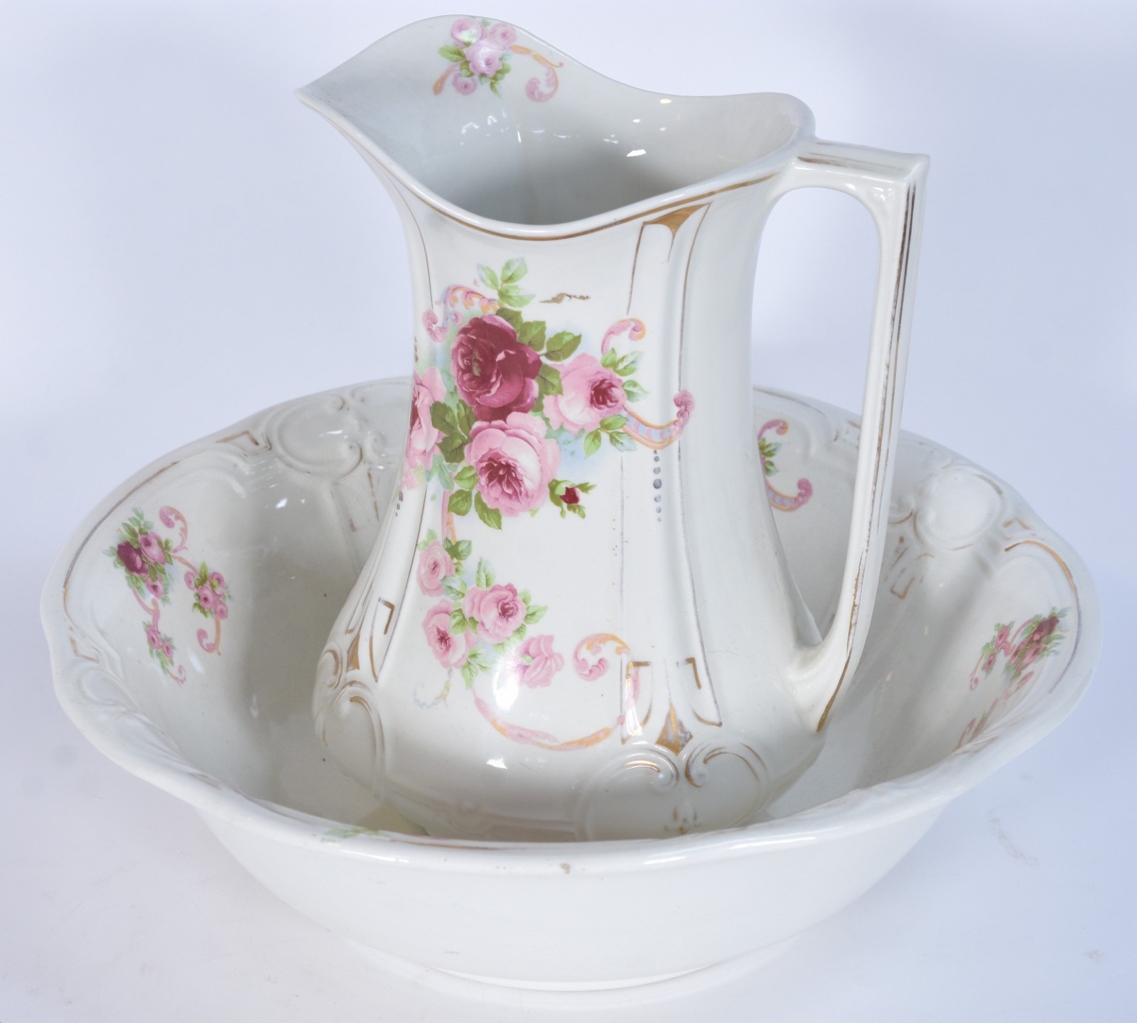 Jarra com bacia de faiança inglesa J & G Meakin, decoração floral em... - foto 1 de 9