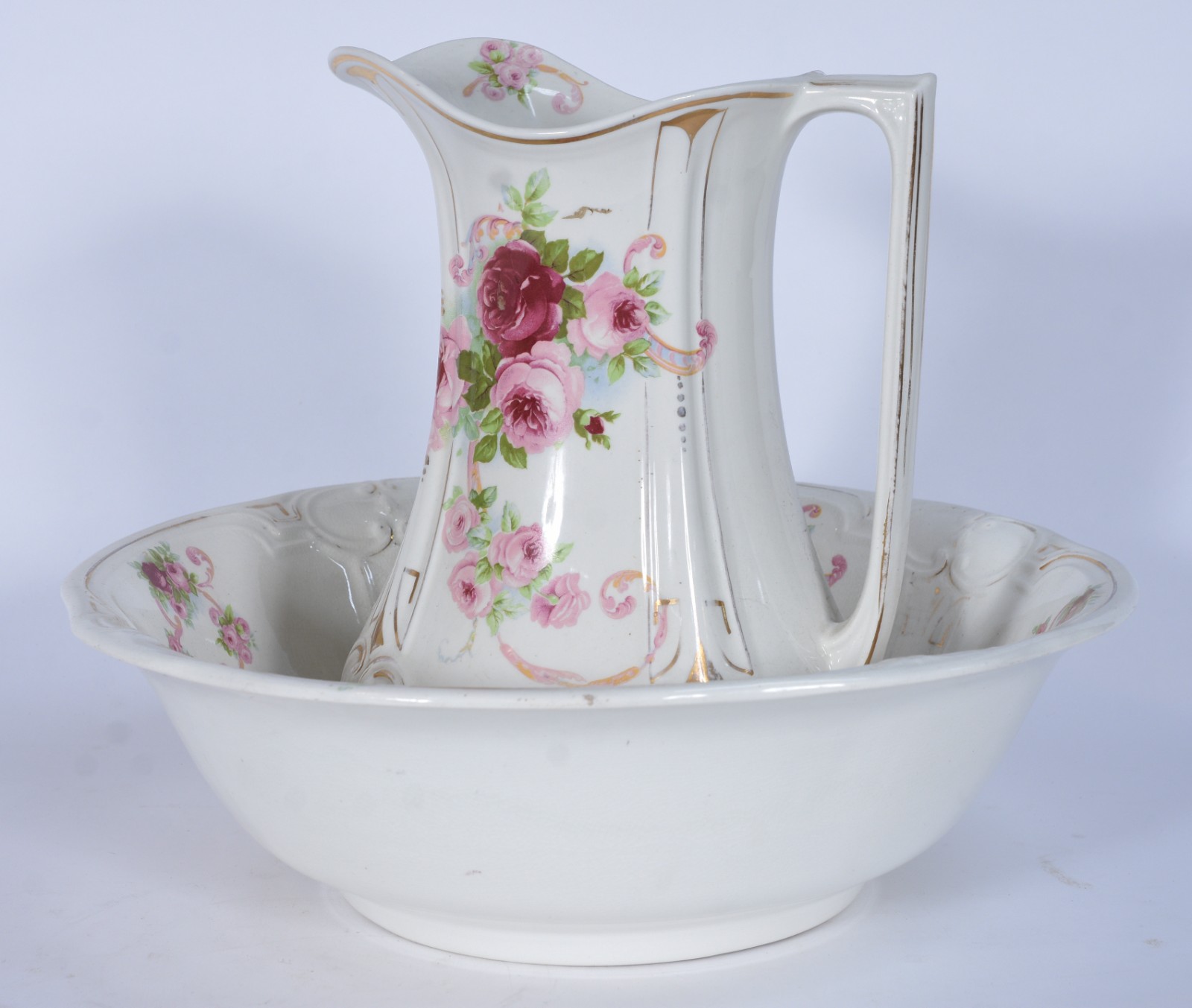 Jarra com bacia de faiança inglesa J & G Meakin, decoração floral em... - foto 2 de 9
