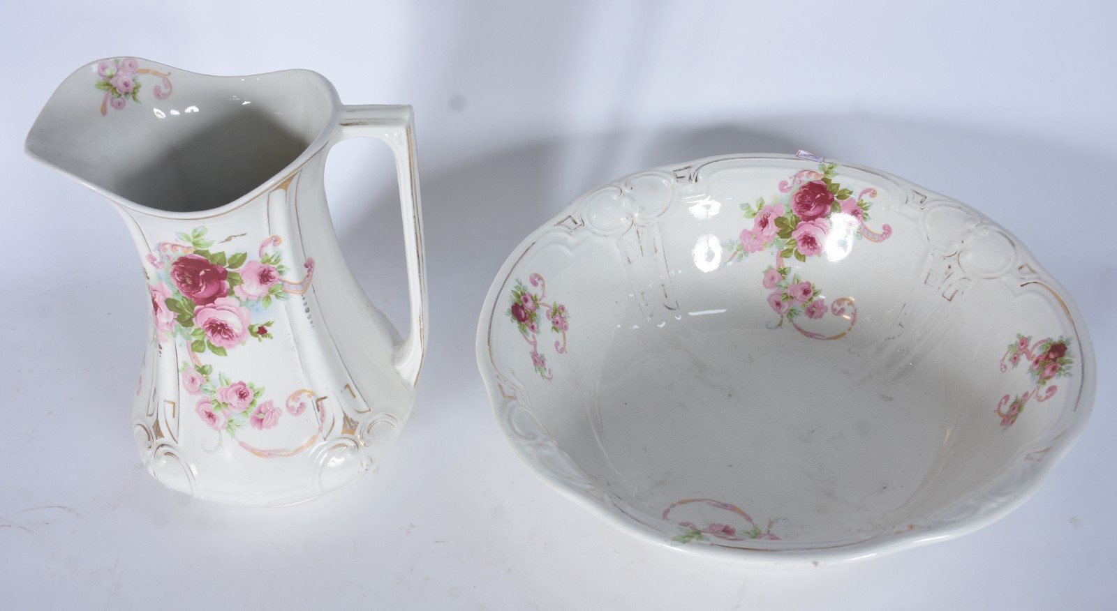 Jarra com bacia de faiança inglesa J & G Meakin, decoração floral em... - foto 3 de 9
