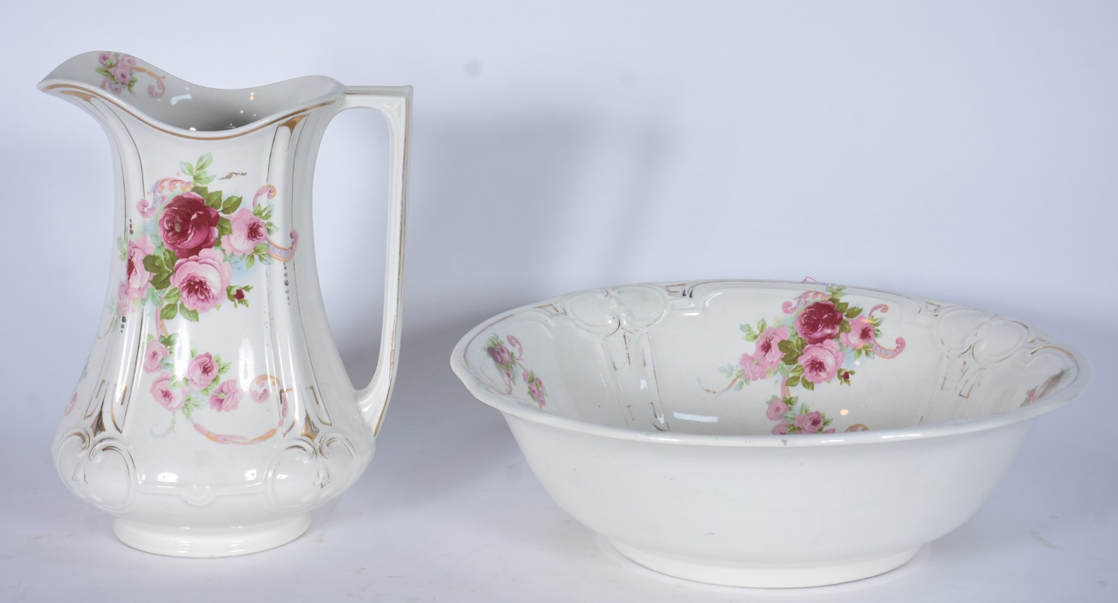 Jarra com bacia de faiança inglesa J & G Meakin, decoração floral em... - foto 4 de 9