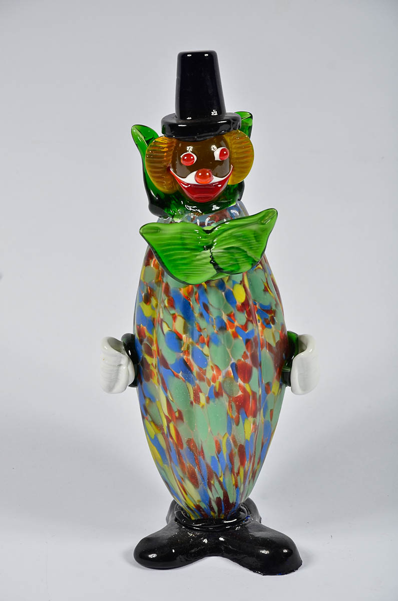 Palhaço de murano na cor verde mesclado. Alt. 30 cm.