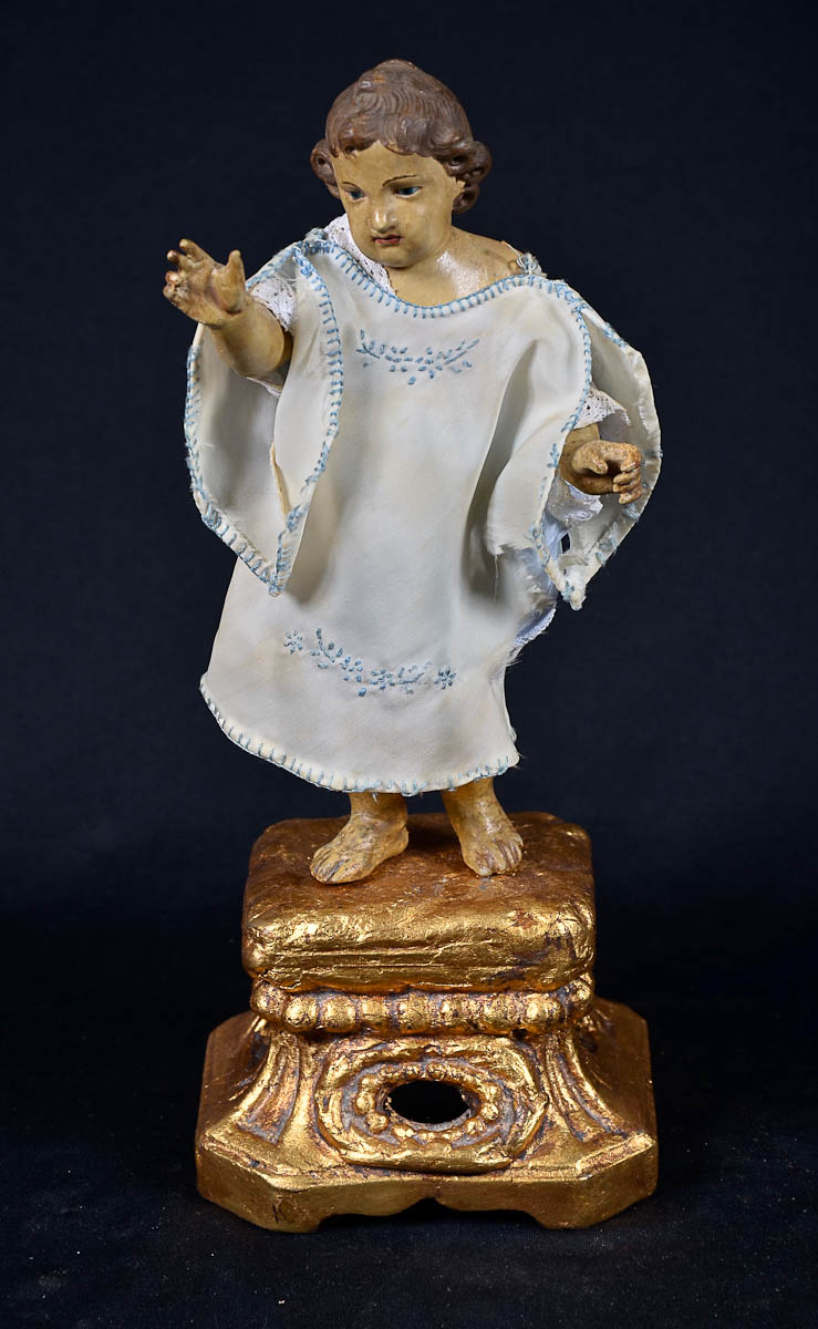 MENINO JESUS - Antiga imagem de madeira policromada, com vestimentas...