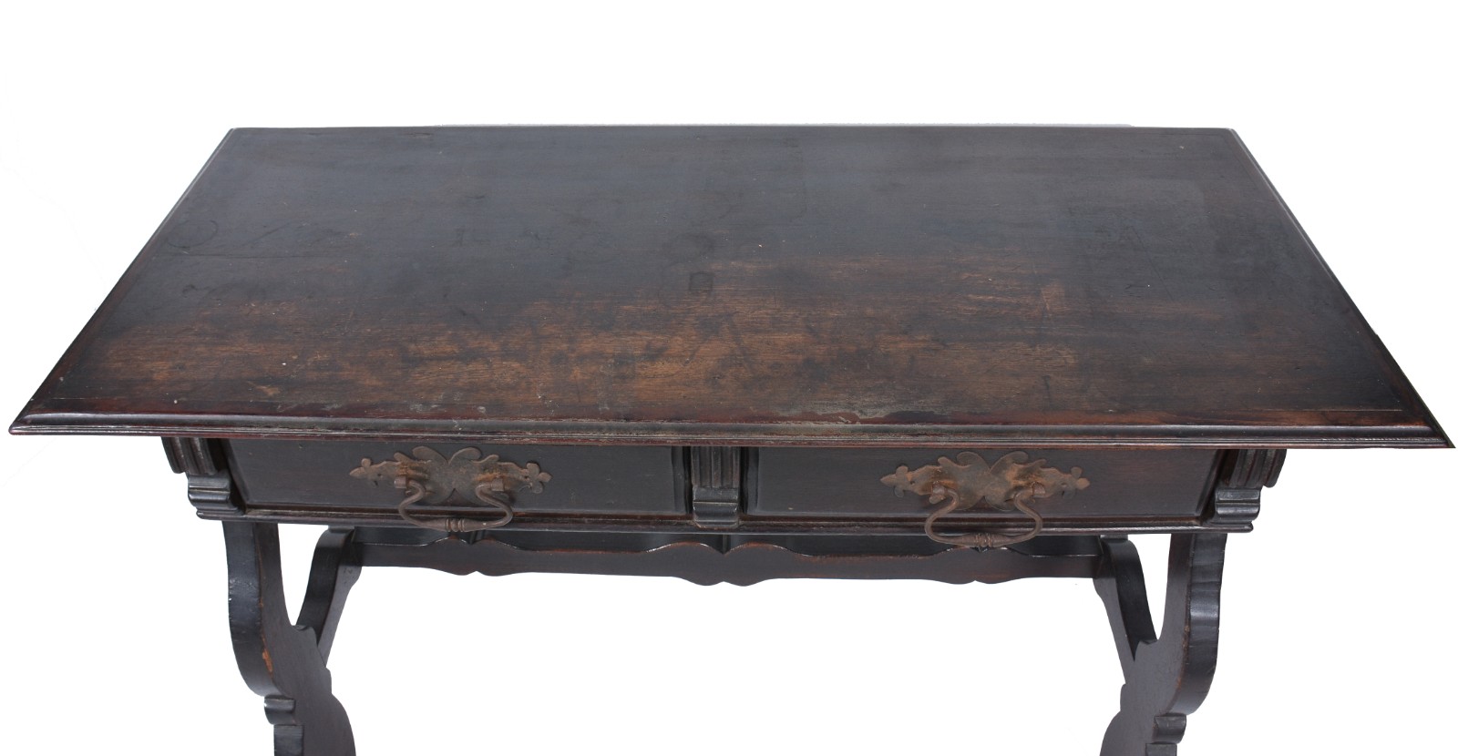 Mesa de madeira nobre, 2 gavetas com puxadores de metal (oxidado)... - foto 5 de 11
