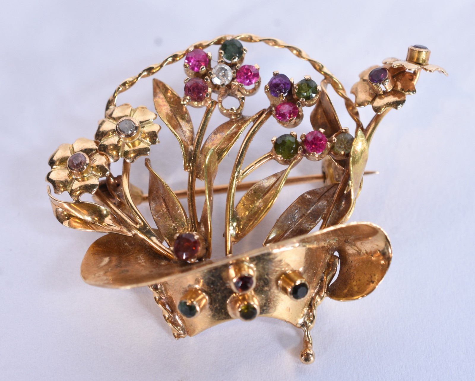 Broche de ouro baixo com pedras brasileiras e um brilhante (Por... - foto 1 de 5