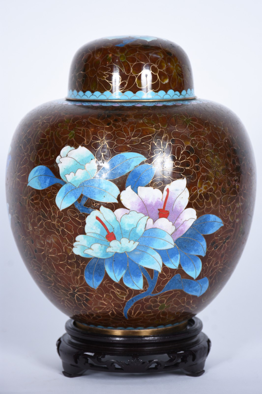 Potiche de cloisonné chines, flores em policromia sobre fundo marrom... - foto 2 de 6