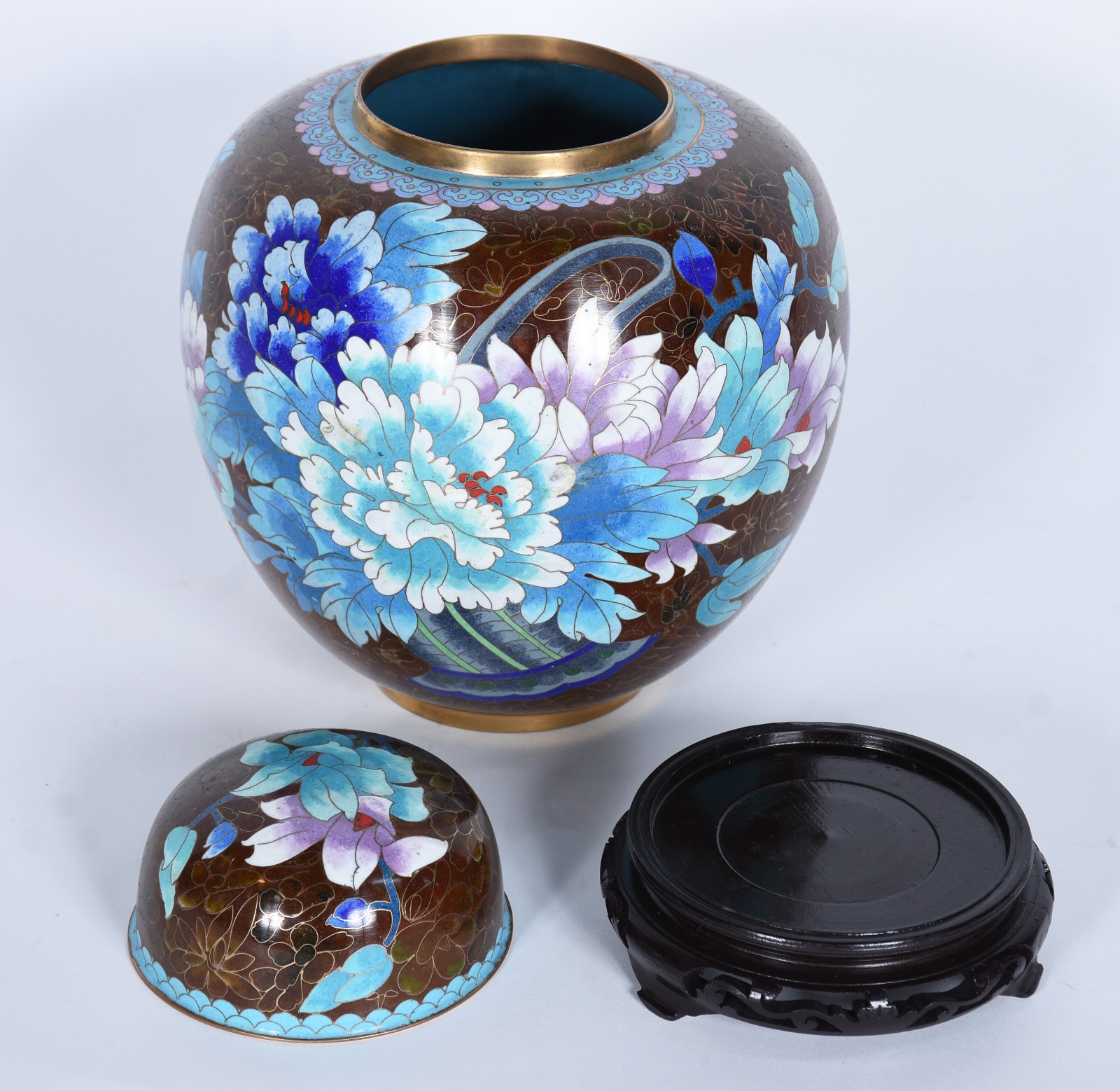 Potiche de cloisonné chines, flores em policromia sobre fundo marrom... - foto 4 de 6