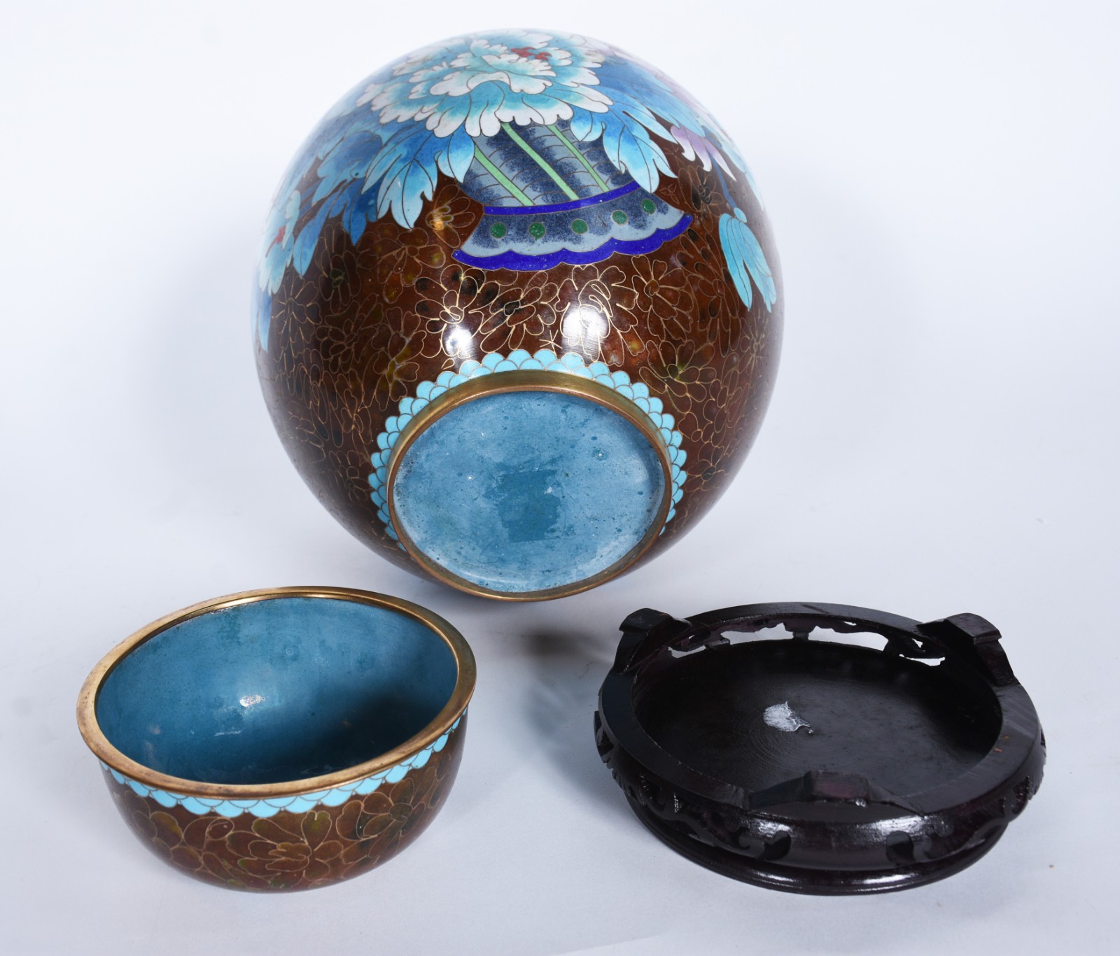 Potiche de cloisonné chines, flores em policromia sobre fundo marrom... - foto 6 de 6