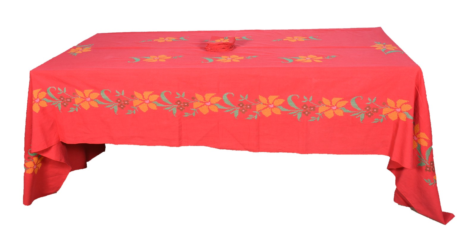 Toalha de mesa de linho vermelh com bordado floral em ponto de cruz... - foto 1 de 6