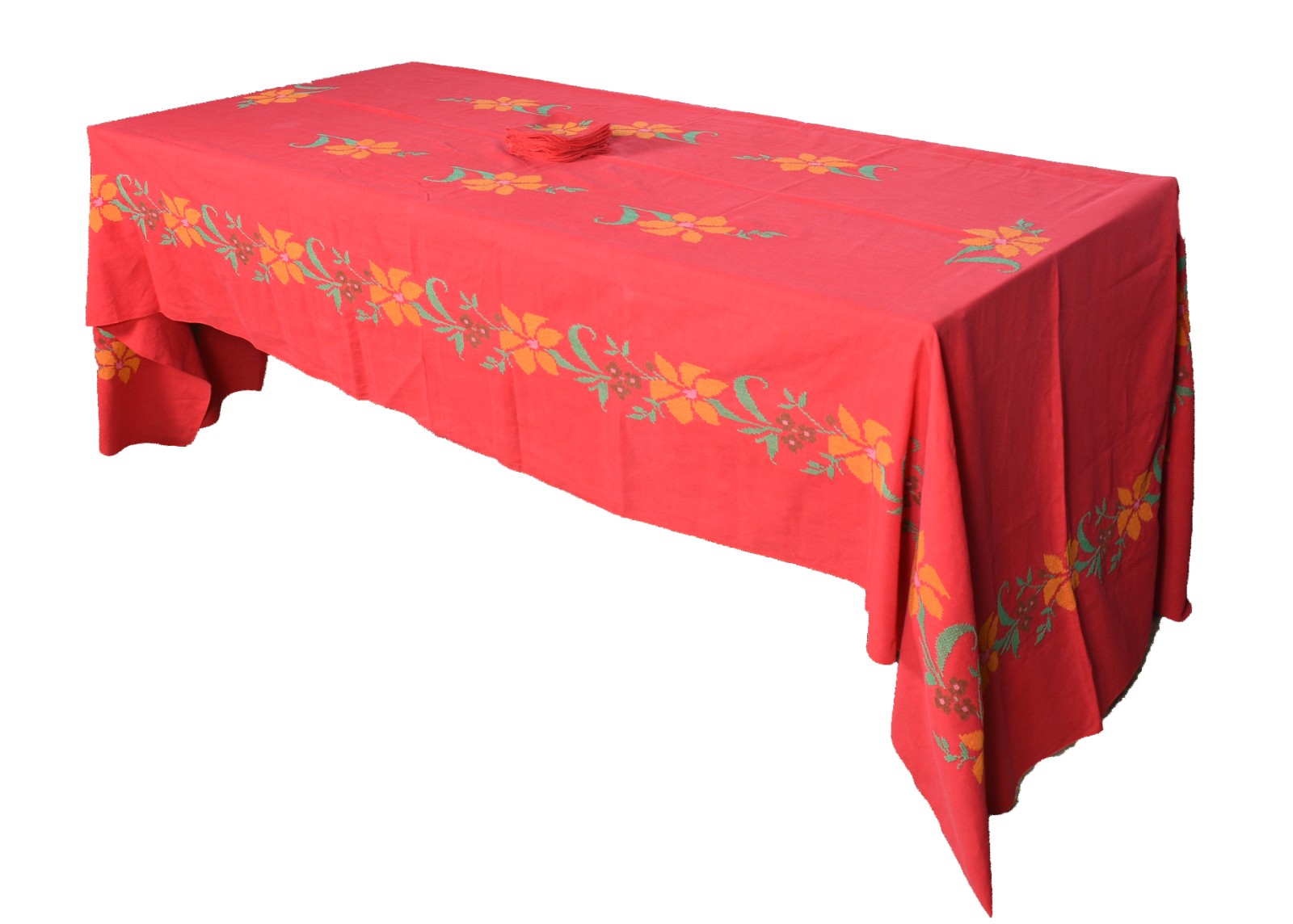 Toalha de mesa de linho vermelh com bordado floral em ponto de cruz... - foto 2 de 6