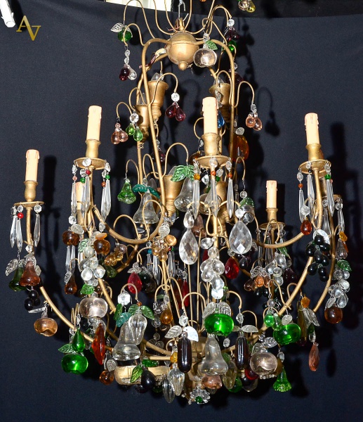 Lustre de metal p/ 8 luzes com frutas de murano e placa de cristal...