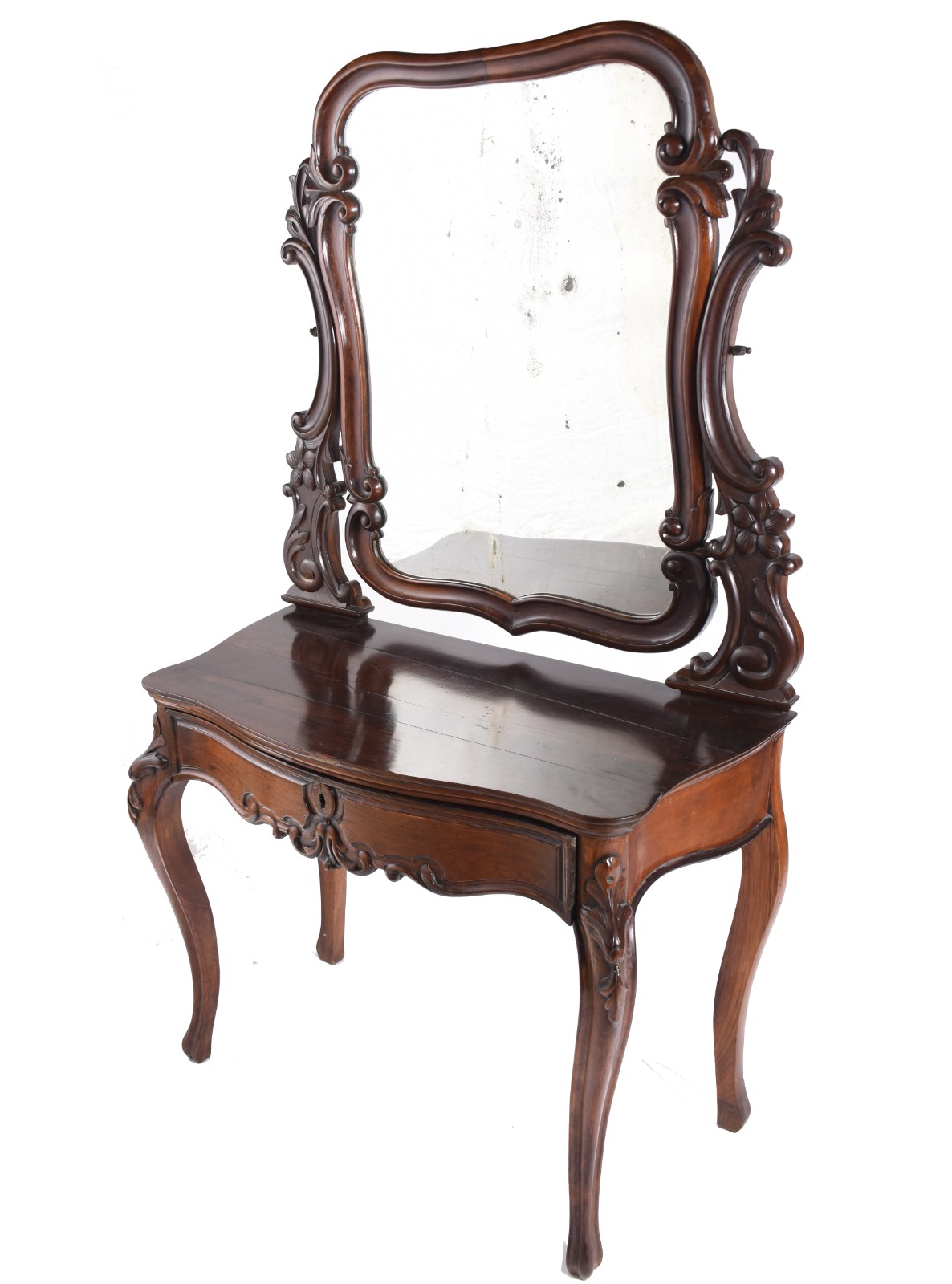 Mesa de encostar de madeira nobre com uma gaveta com saia entalhada... - foto 1 de 4