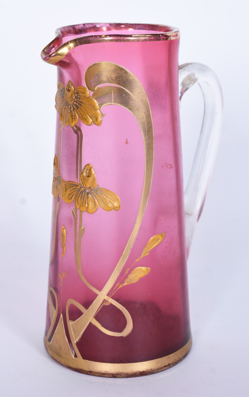Jarra ART NOUVEAU de cristal europeu na cor rosa degradê decorado com... - foto 1 de 8