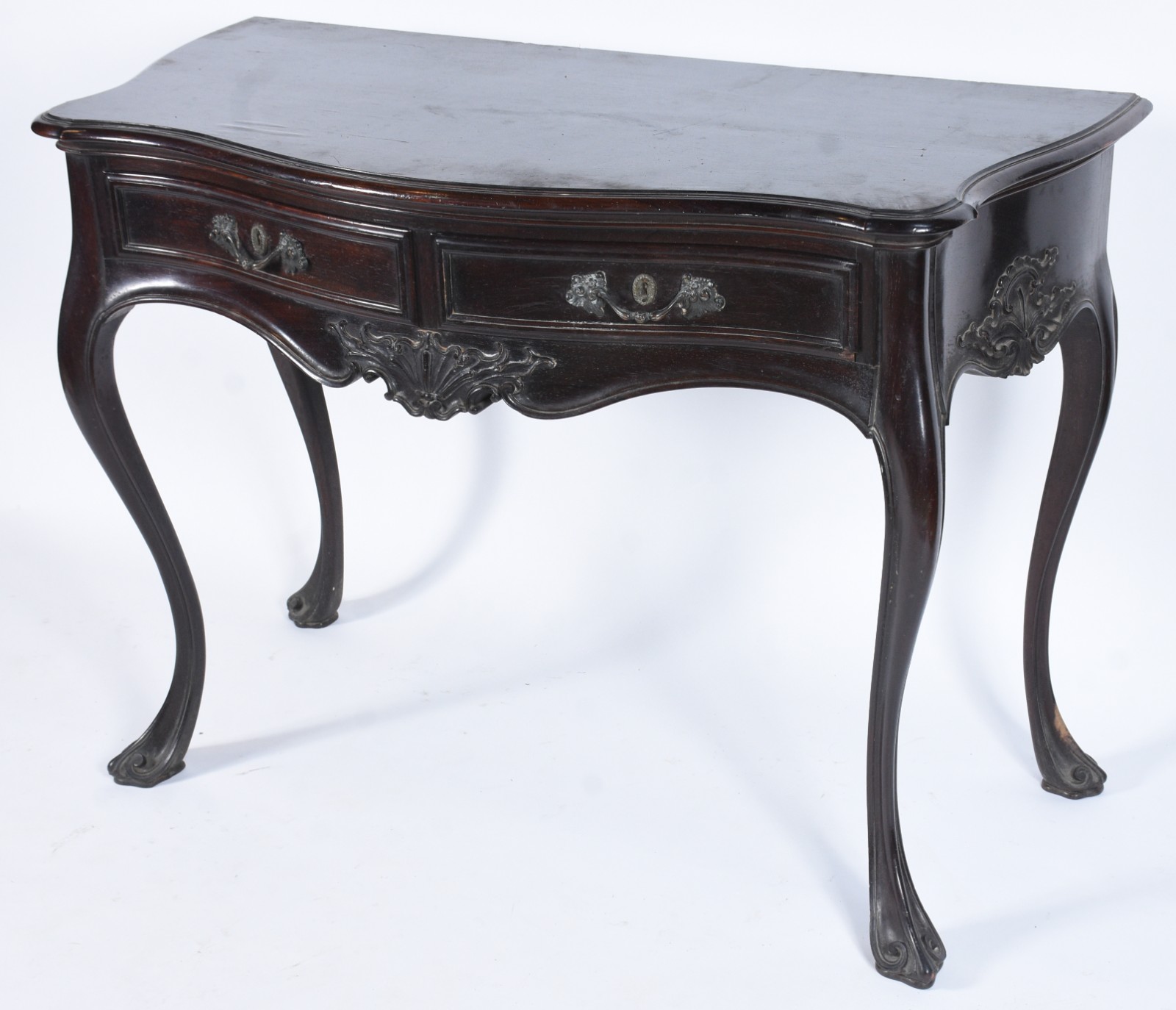 Mesa de encostar de madeira nobre, estilo Dom José, duas gavetas... - foto 1 de 8