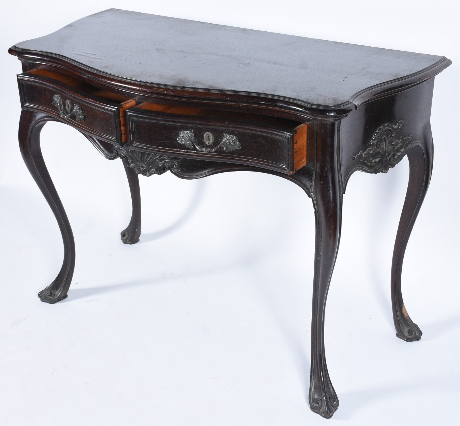 Mesa de encostar de madeira nobre, estilo Dom José, duas gavetas... - foto 2 de 8