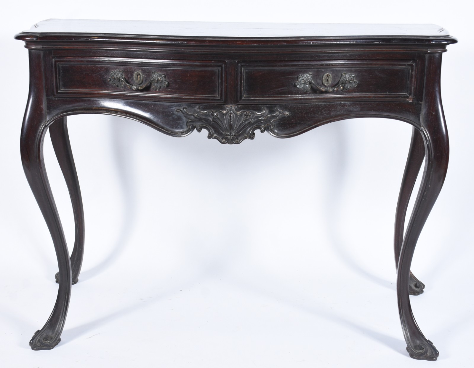 Mesa de encostar de madeira nobre, estilo Dom José, duas gavetas... - foto 4 de 8