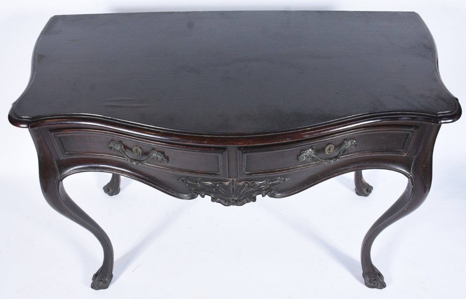 Mesa de encostar de madeira nobre, estilo Dom José, duas gavetas... - foto 6 de 8