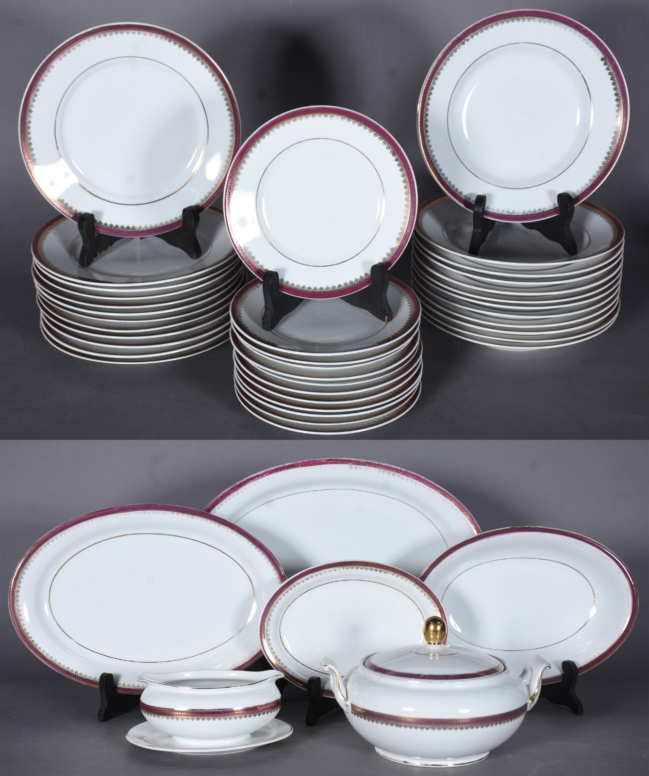 Serviço de jantar de porcelana Mauá, branca com friso bordeaux e... - foto 1 de 8