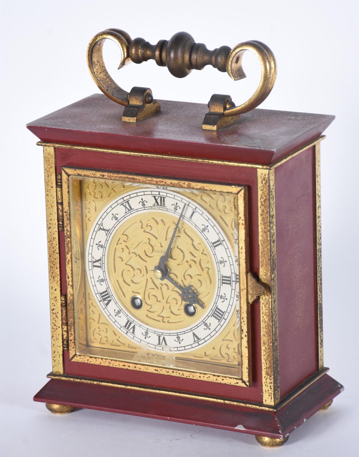 Relógio de mesa LUXOR, caixa de madeira vermelha e metal dourado... - foto 1 de 8