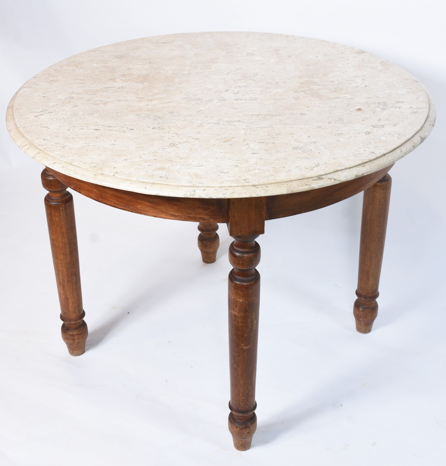 Mesa de madeira nobre, quatro pernas torneadas, tampo de mármore... - foto 1 de 6