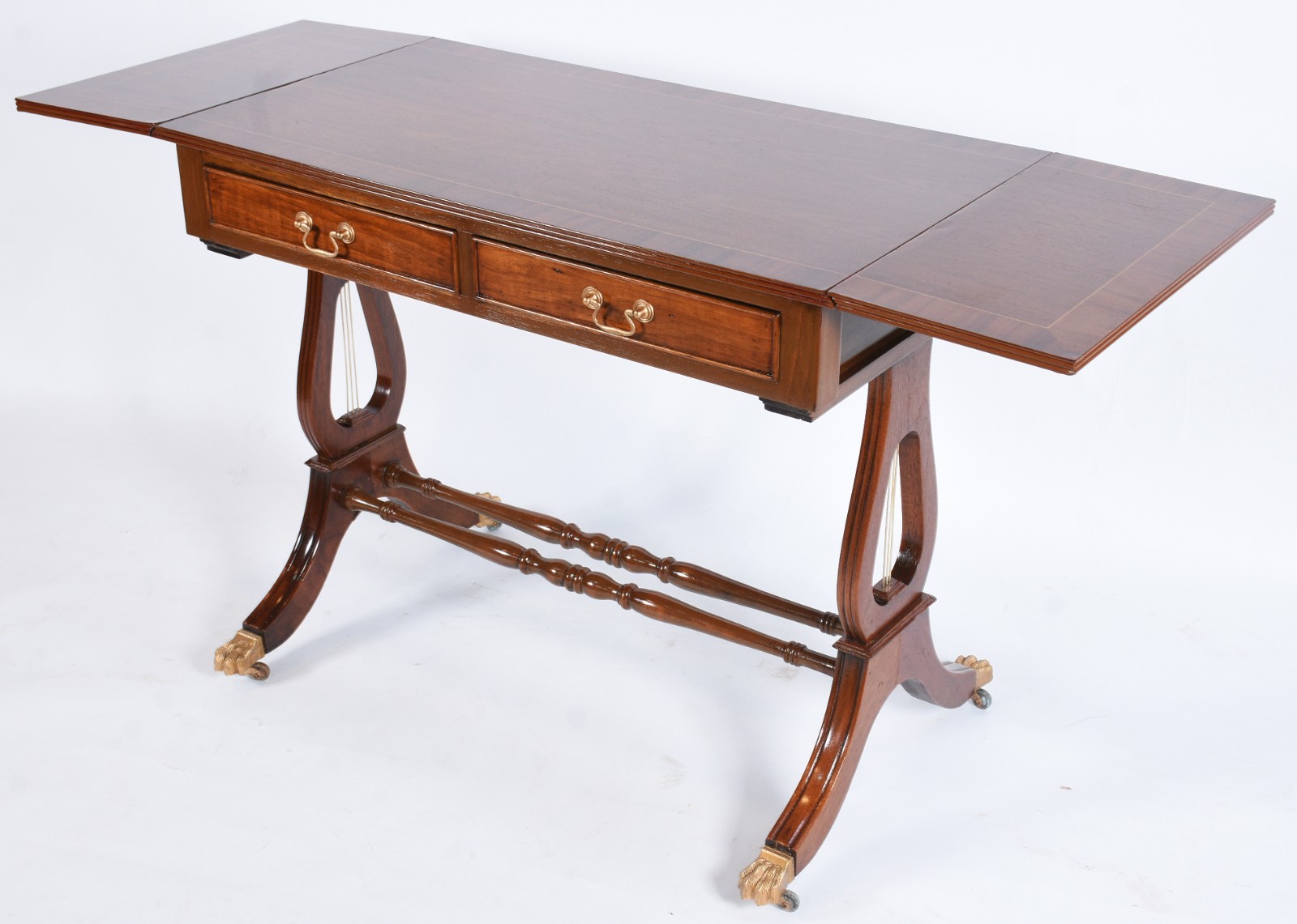 Mesa auxiliar de madeira nobre com abas laterais, duas gavetas com... - foto 2 de 10