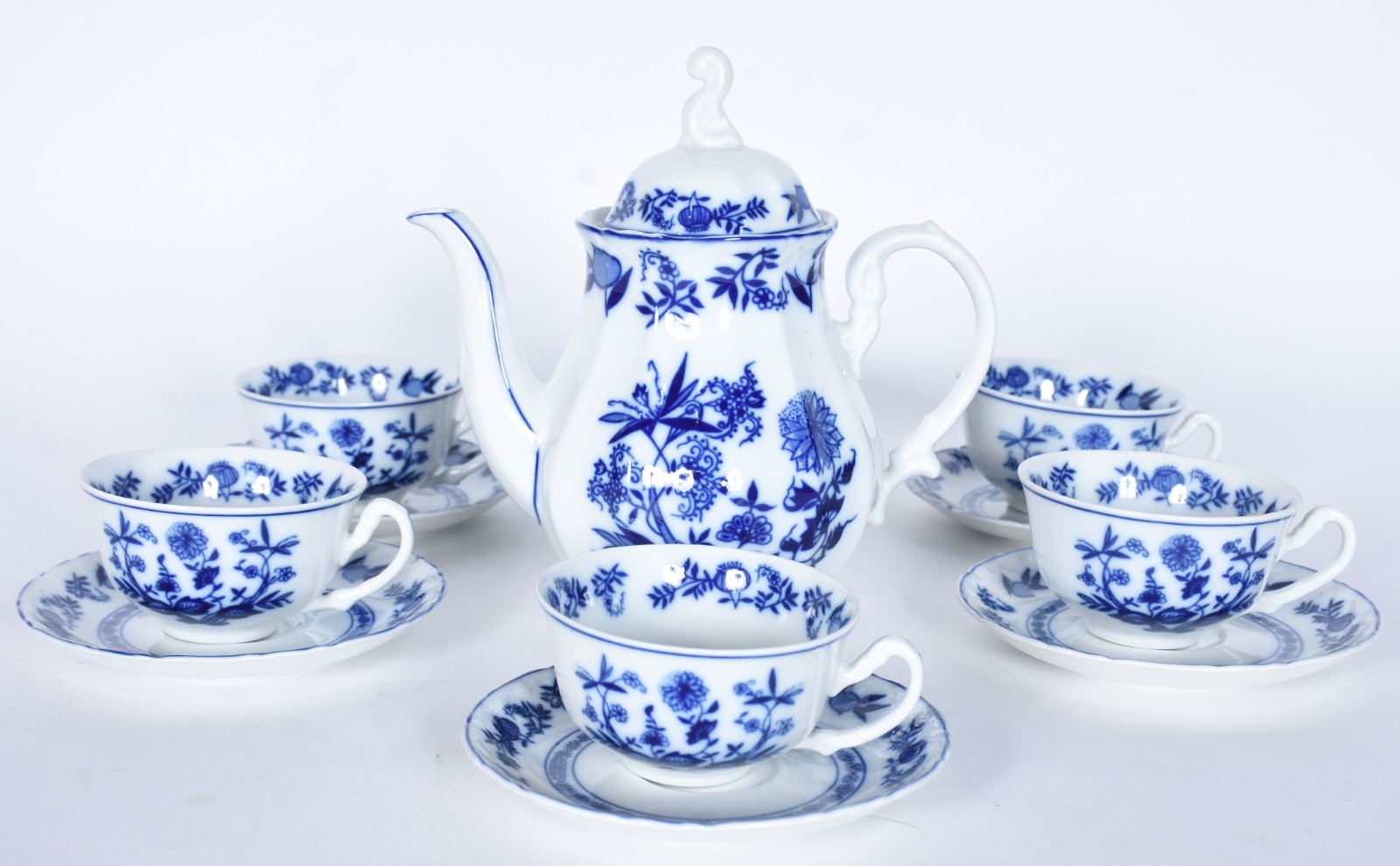 Serviço de chá de porcelana Steatita, decoração "cebolinha" em azul e... - foto 1 de 9