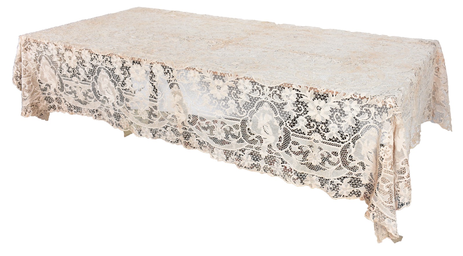Toalha de mesa de renda veneziana na cor bege. (manchas de guardado) - foto 1 de 8