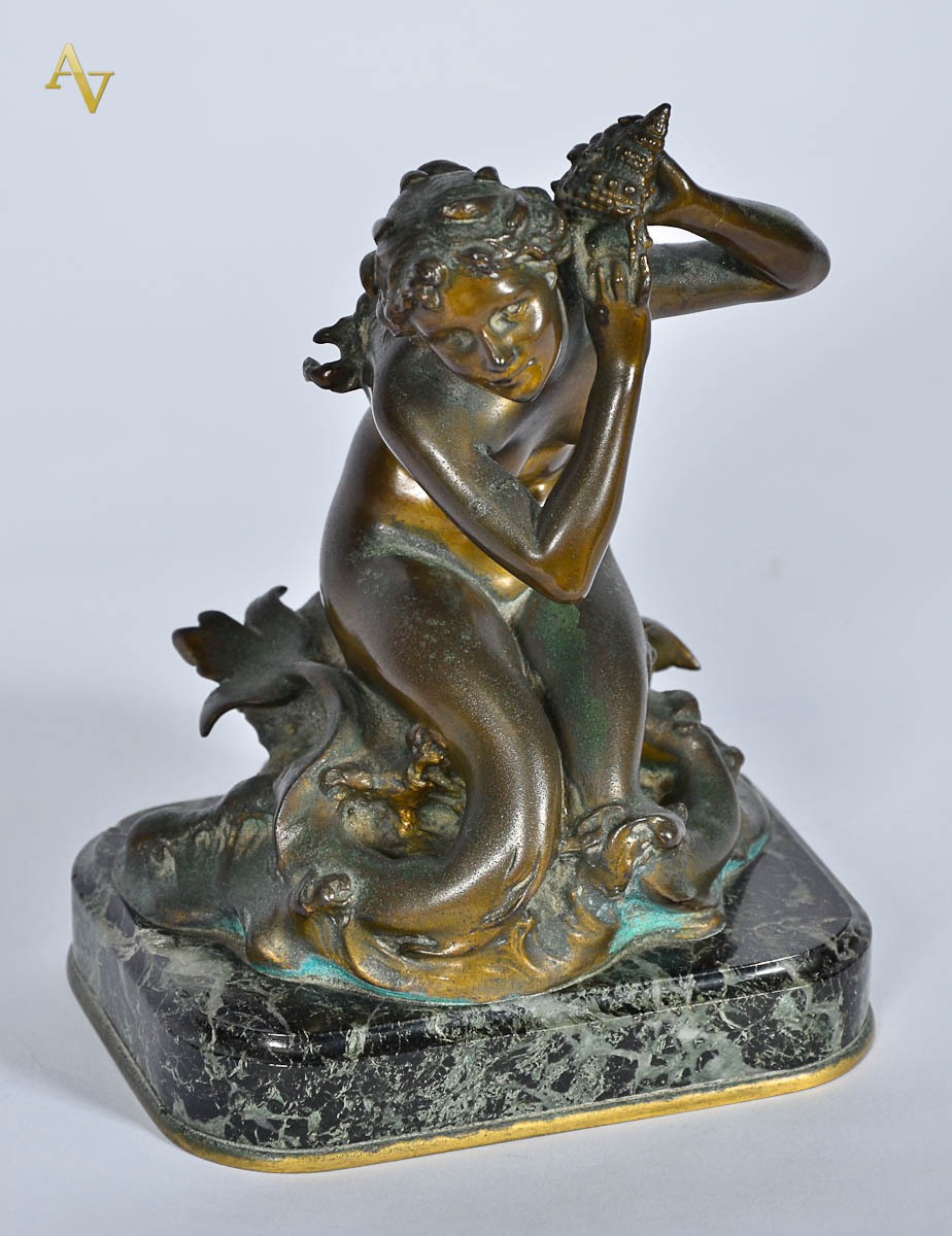 F.BARBEDIENNE - Escultura de bronze repres.sereia com concha, base de...
