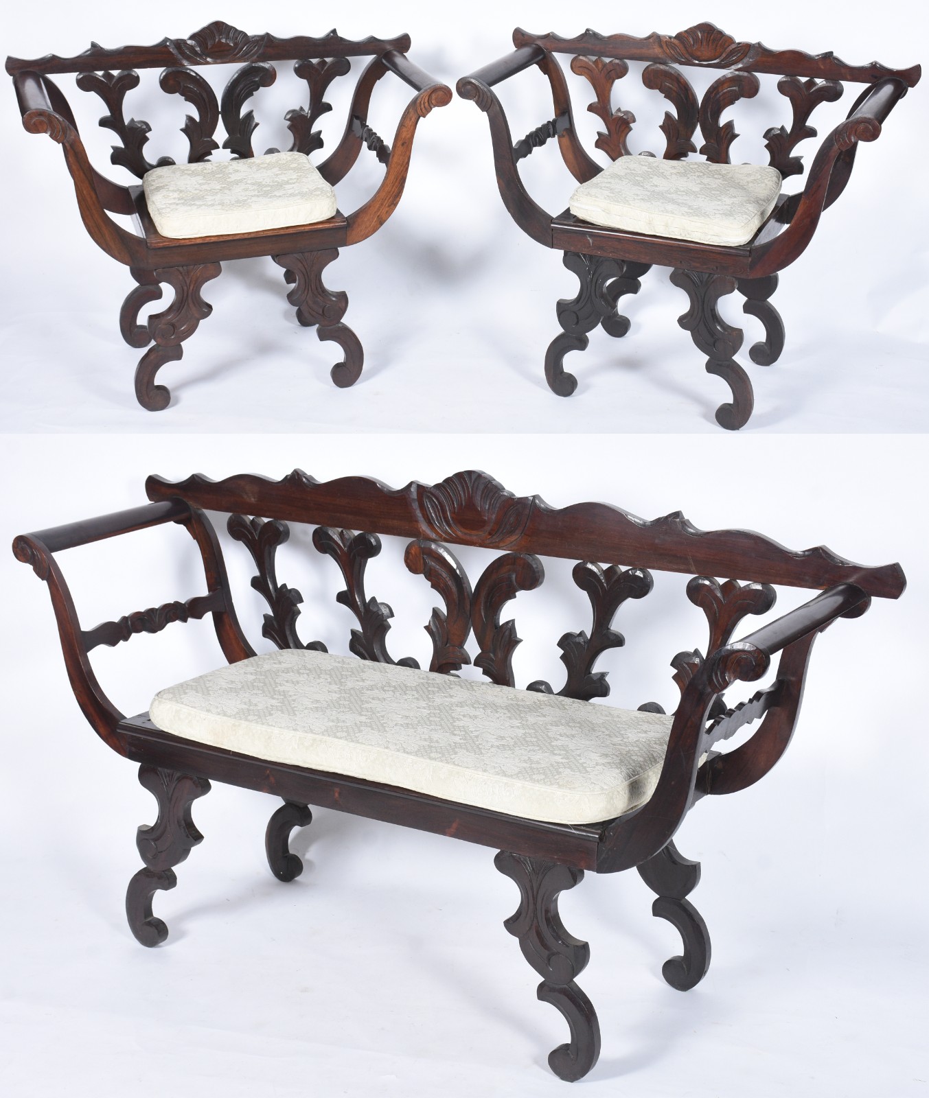 Conjunto de sofá e par de poltronas de madeira nobre, encosto com... - foto 1 de 10