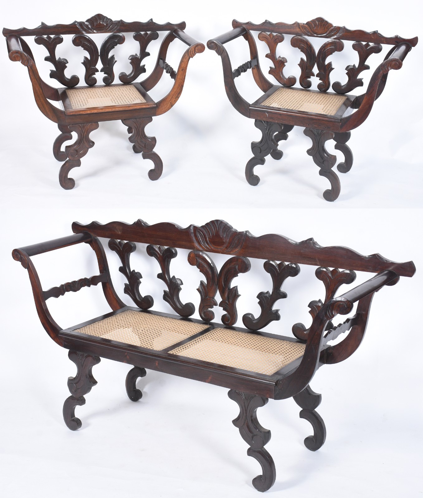 Conjunto de sofá e par de poltronas de madeira nobre, encosto com... - foto 2 de 10
