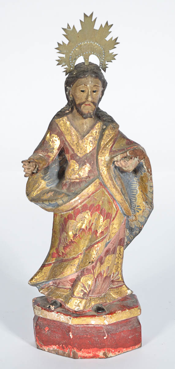 Imagem de madeira policromada e dourada representando SANTO, olhos de...
