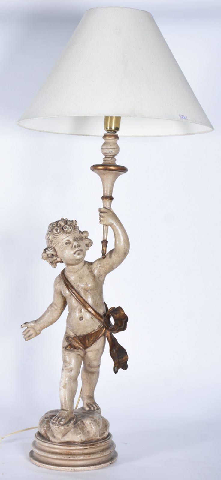 Abatjour com figura de querubim em madeira policromada com cúpula... - foto 1 de 4