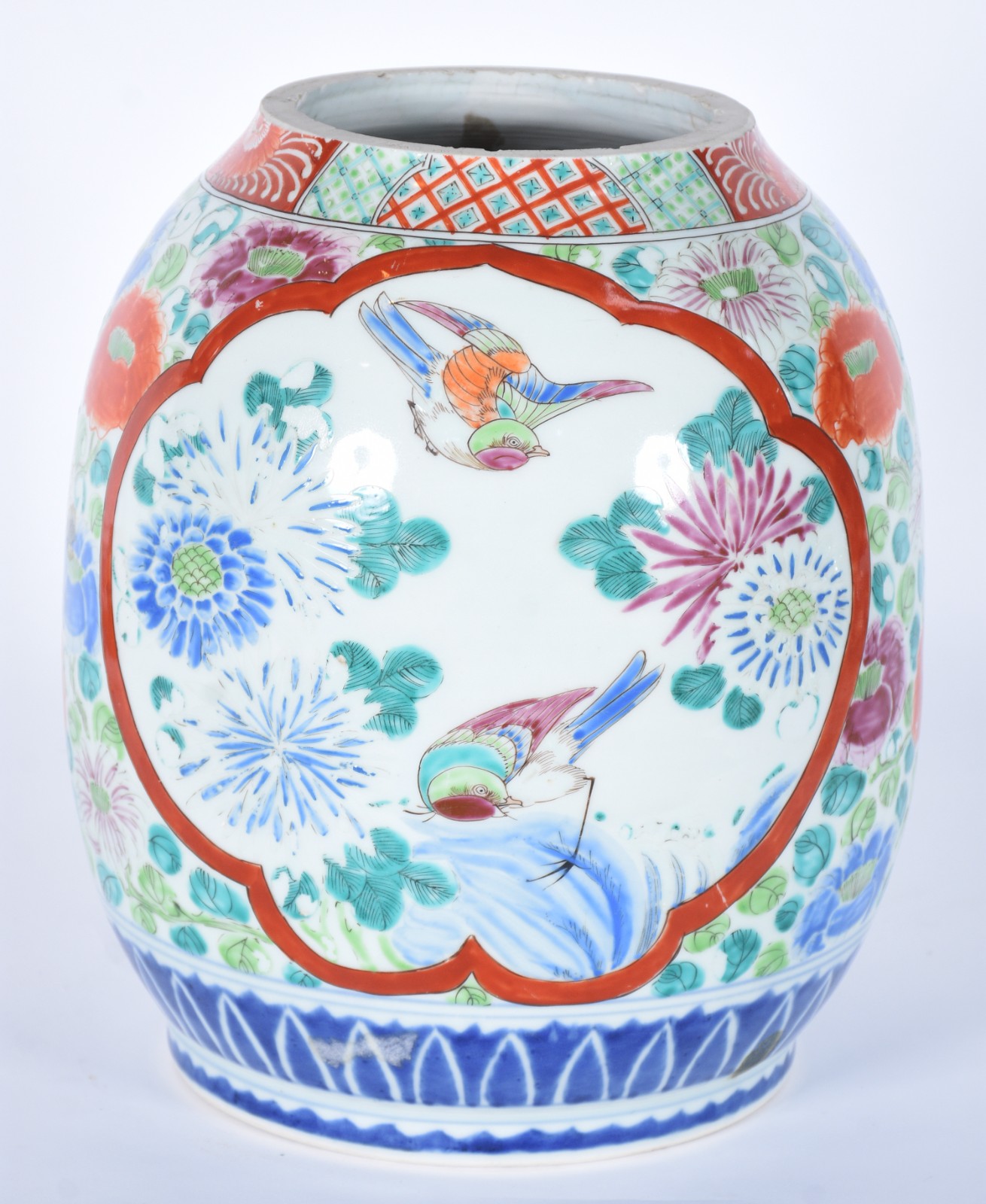 Vaso de porcelana oriental decorado com pássaros e flores em... - foto 1 de 5