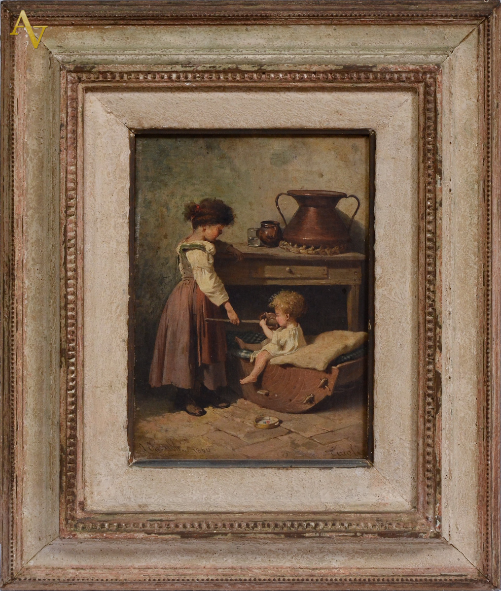 ESCOLA EUROPÉIA - Crianças com tacho de cobre - ost - datado 1860...