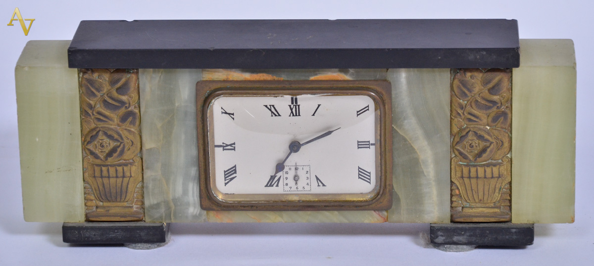 ART DECO - France - Relogio de mesa montado em marmore verde e negro...