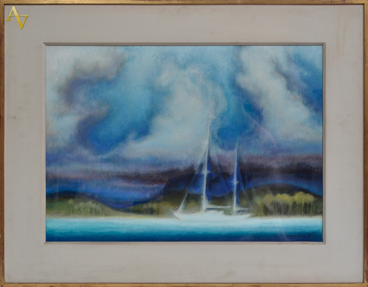 FRANK SCHAEFFER - marinha com barco - Guache - dat. 1980 - 50 x 70 cm.