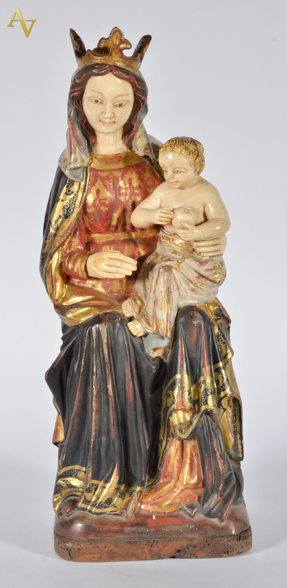 Belíssima imagem de Nossa Senhora com menino no colo de madeira...