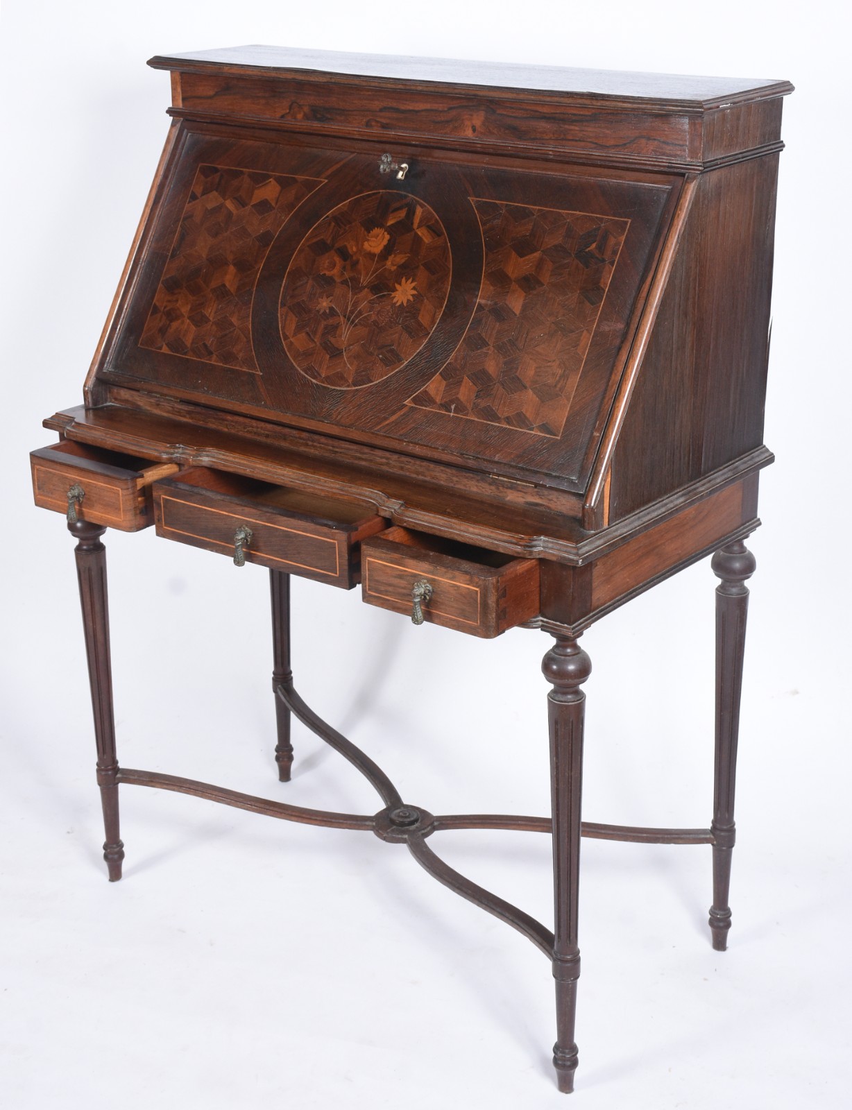 Escrivaninha de madeira nobre com marqueterie, tampo articulado com... - foto 4 de 11