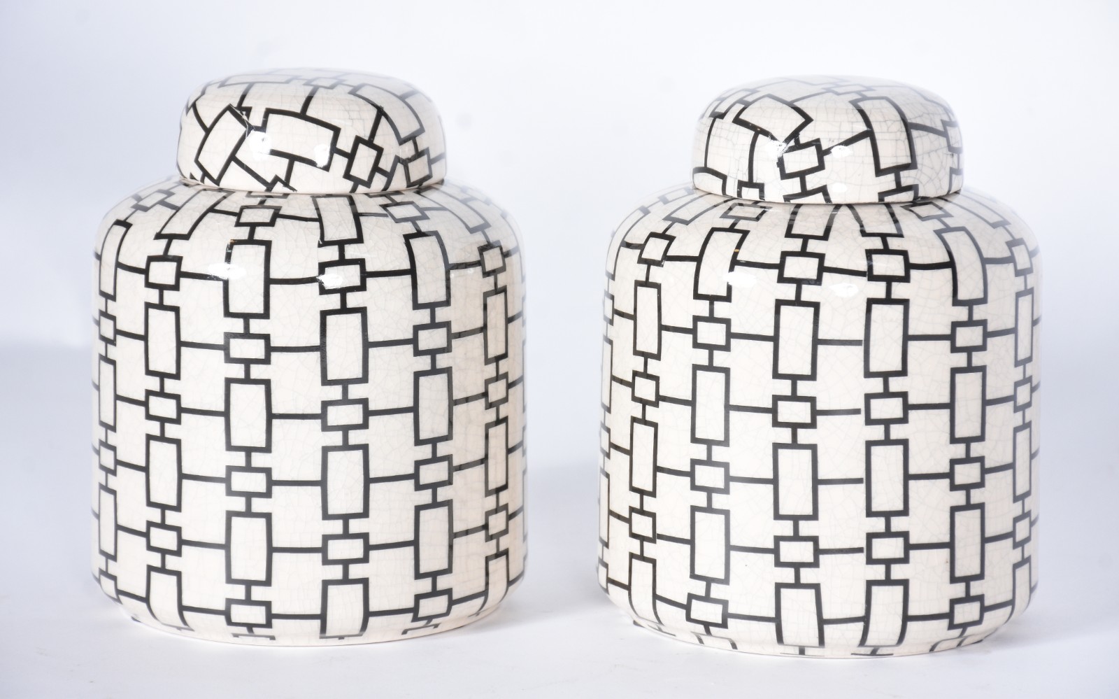 Par de potiches de porcelana, decoração geométrica. - foto 1 de 5