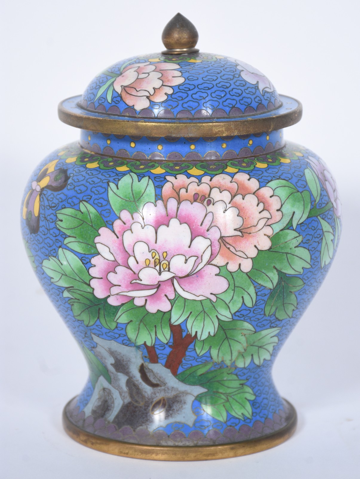 Potiche de cloisoné oriental, fundo azul e flores em policromia. - foto 1 de 7