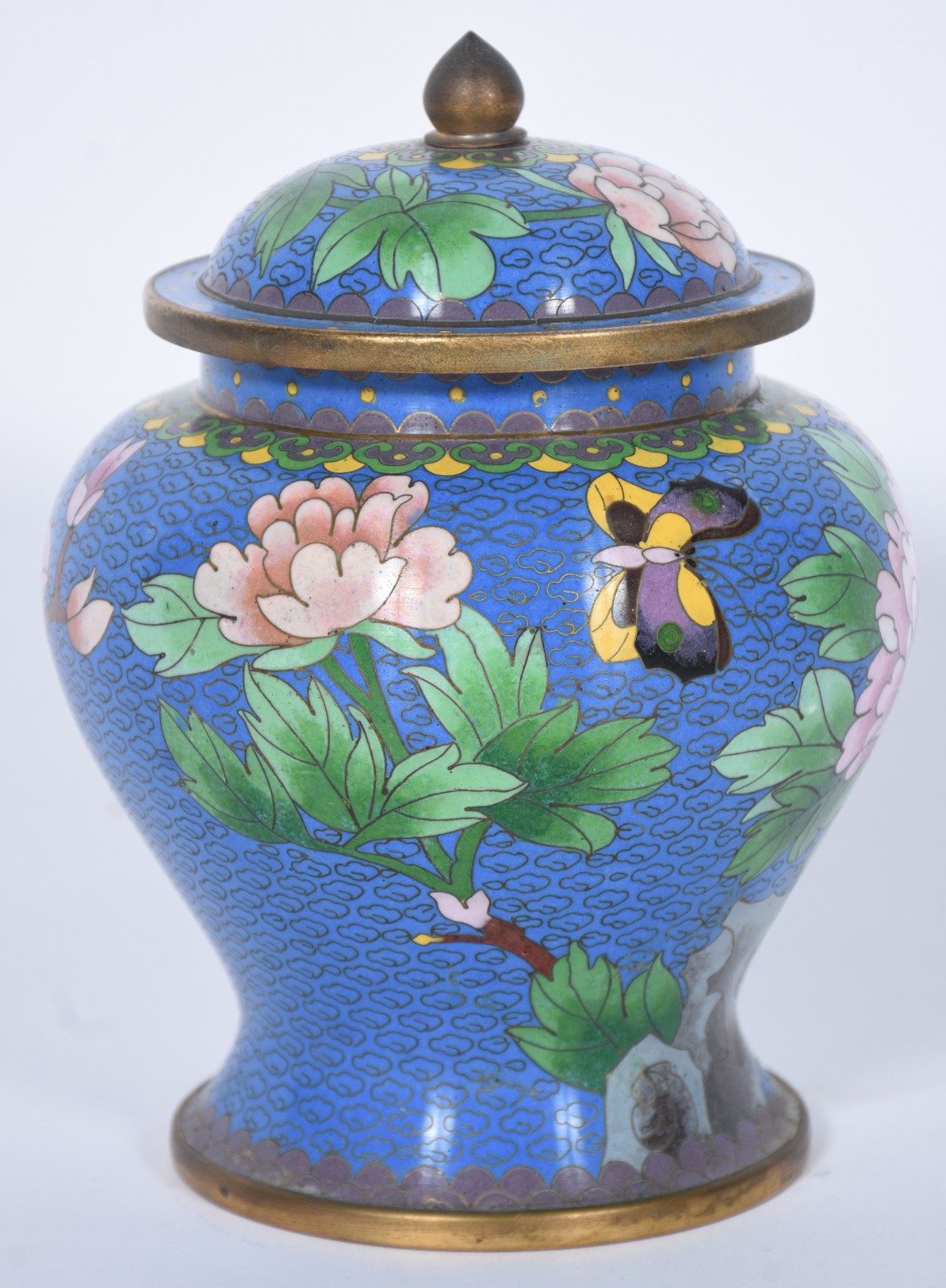 Potiche de cloisoné oriental, fundo azul e flores em policromia. - foto 3 de 7